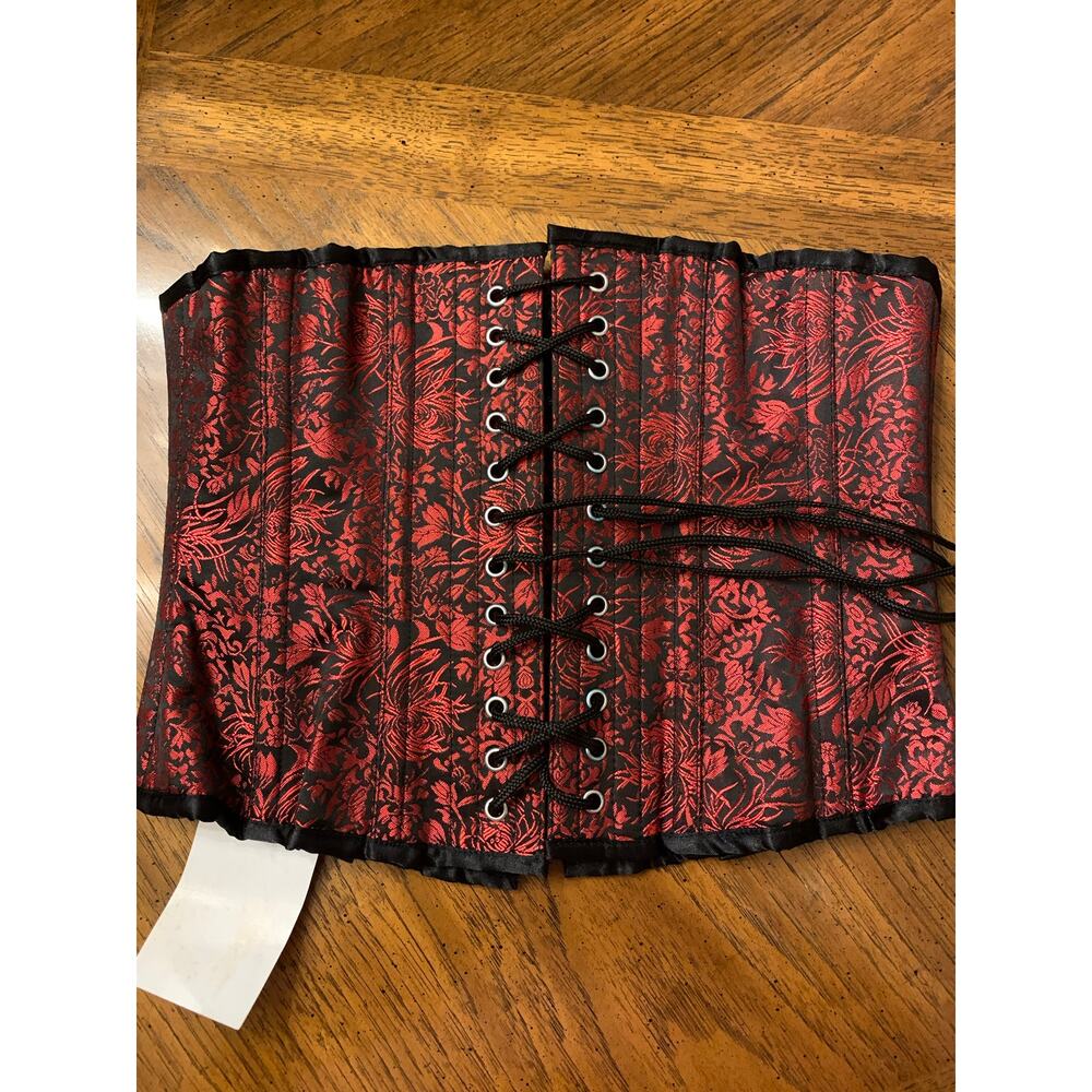 Waist Cincher Corset Red Black Pattern Lace Up Front Zipper Closure Back Size 28